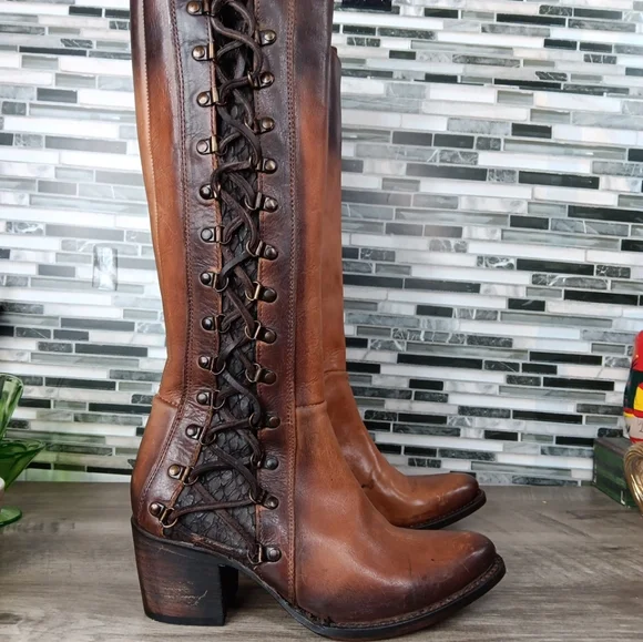 Freebird Wyatt 8M Cognac Brown Leather Knee-High Lace Up Granny Boots Rare New - Picture 5 of 16